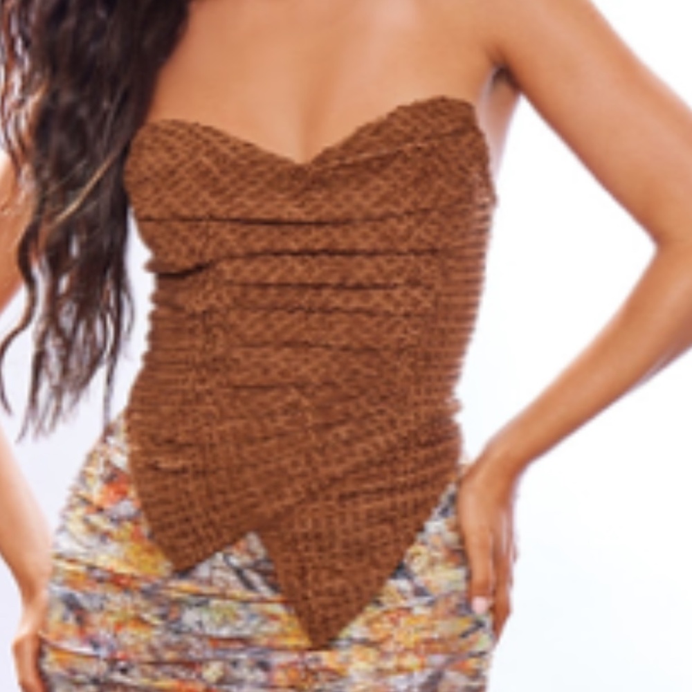 Brown Textured Woven Asymmetric Pointed Hem Corset